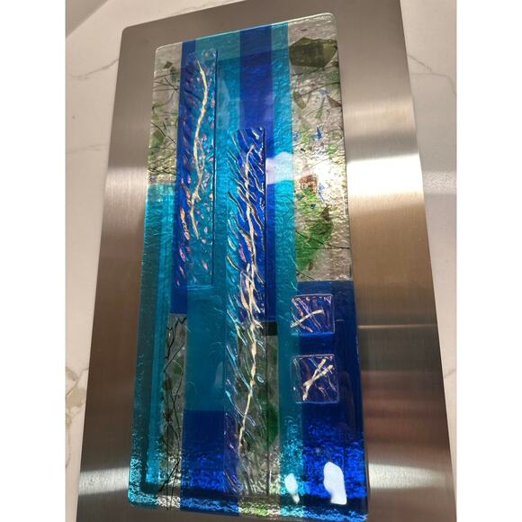 Modern Glass Fusion Original Handmade by Artist 18x10” Art Glass Stainless Steel - Picture 3 of 9